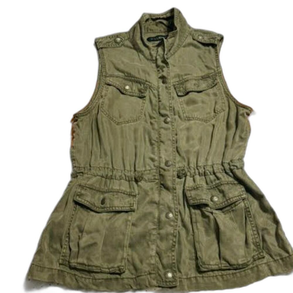 Max Jeans Military Style Tencel Jacket Vest Lt Olive Medium Soft Utility Chic